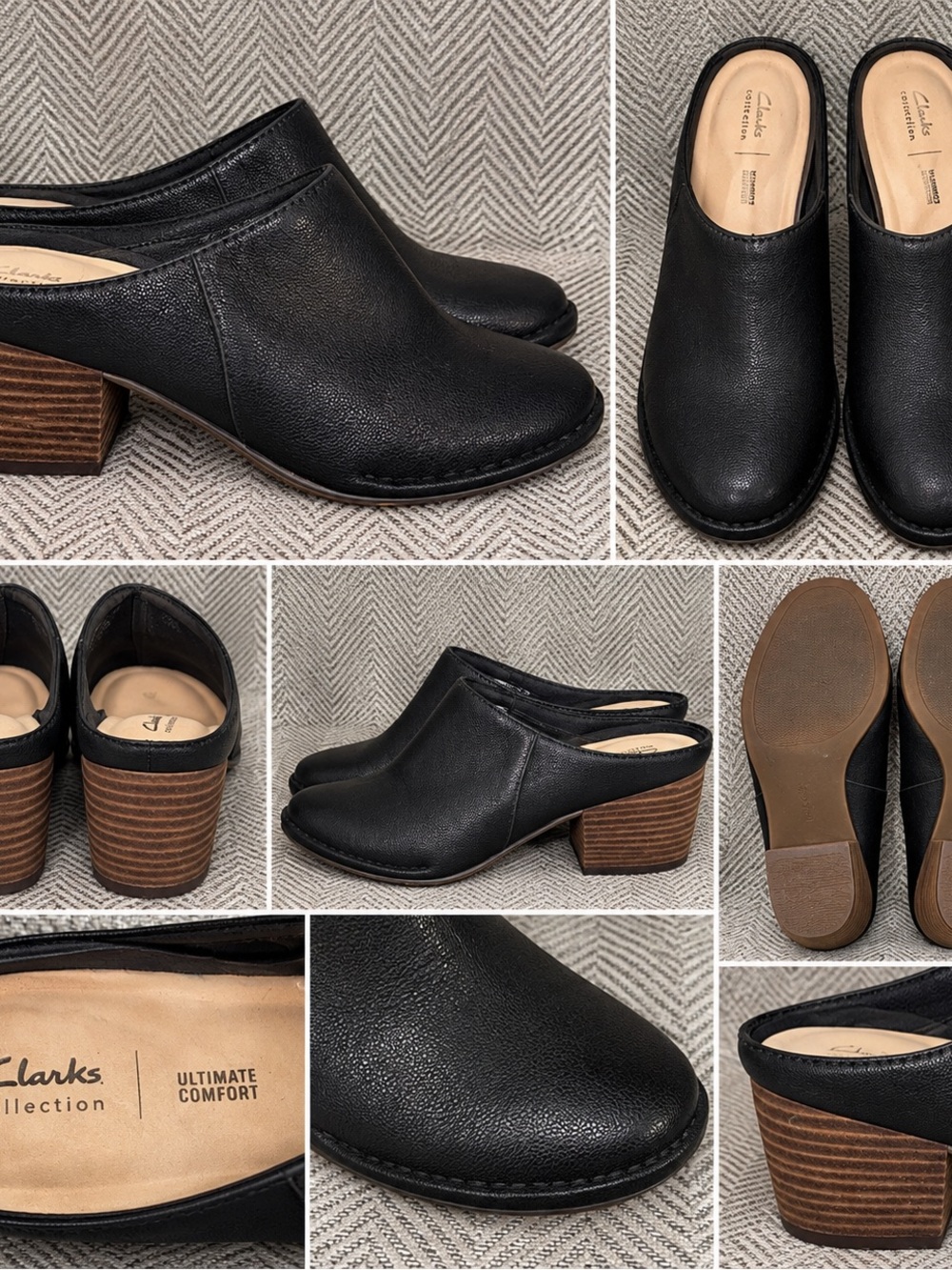Clarks Black Leather Slip-On Mule with Stacked Wood Heel